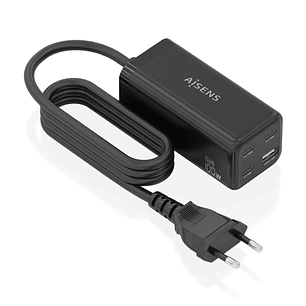 Aisens Cargador GAN 100W - 3xUSB-C PD3.0, QC4.0, QC5.0 - 1xUSB-A QC3.0 - Cable 1.4 Metros - Color Negro