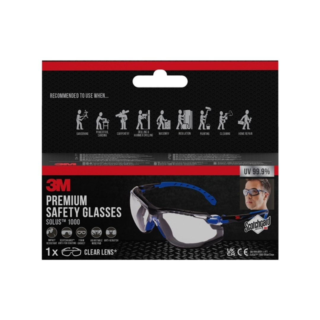 3M Solus Gafas de Seguridad - Junta de Espuma Acoplable - Revestimiento Antivaho - Lente Transparente - Antirrayaduras - Proteccion UV - Color Negro/A 1