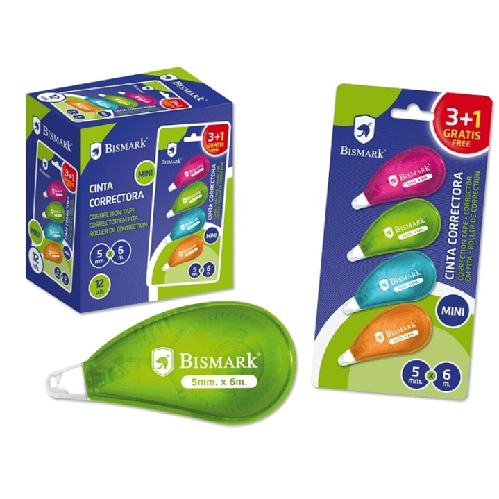 Bismark Neon Pack de 4 Mini Cintas Correctoras 5mmx6m - Perfecta Adherencia al Papel - Presentacion en Blister - Cuerpo de Colores Surtidos 1