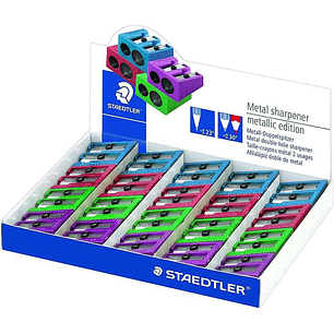 Staedtler Expositor de 20 Sacapuntas Metalicos con Cuchilla de Metal y 2 Orificios - Angulo de Afilado de 23° y 30º - Colores Surtidos