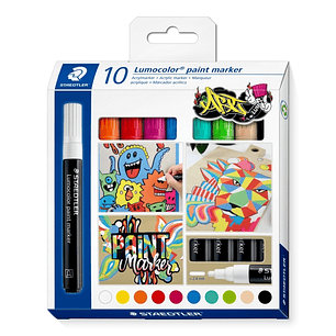 Staedtler Lumocolor 349 Pack con 10 Marcadores Acrilicos Permanentes - Trazo 2.4 mm aprox. - Tinta Base de Agua - Colores Surtidos