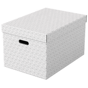 Esselte Pack de 3 Cajas Grandes de Almacenamiento con Tapa 355x305x510mm - Carton 100% Reciclado y Reciclable - Asas Integradas - Diseño Blanco con Di