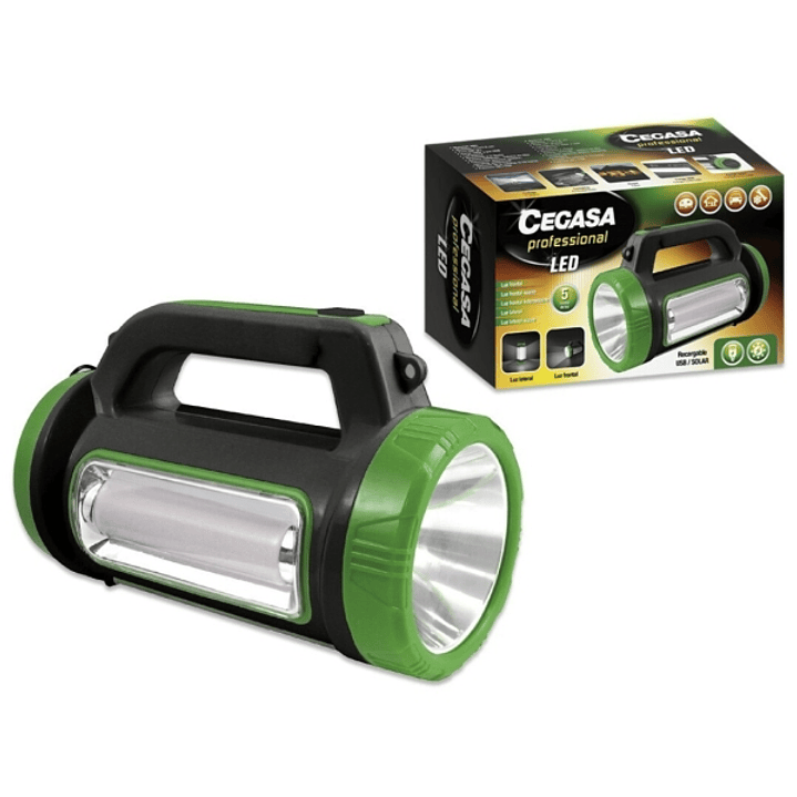 Cegasa Profesional Linterna Multifuncion LED - 5 Modos de Iluminacion - Bateria de 1800mAh - Alimentacion Solar y por USB - Color Negro/Verde 1