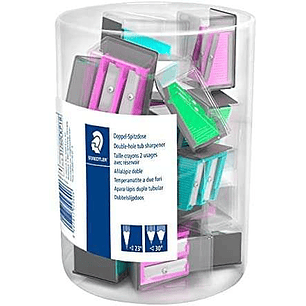 Staedtler Expositor con 18 Sacapuntas de Plastico - 2 Agujeros - Angulo de Afilado 23° y 30° - Colores Surtidos