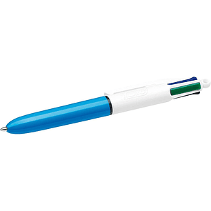Bic 4 Colours Mini Boligrafo de Bola Retractil - Punta Media de 1mm - Trazo de 0.4mm - Tinta con Base de Aceite - Cuerpo Blanco/Azul - 4 Colores