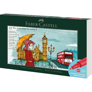 Faber-Castell Pitt Artist Pen Brush City Collection London Estuche con 12 Rotuladores Punta Pincel - Tinta Pigmentada - Alta Resistencia a la Luz - No