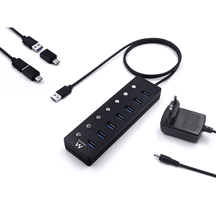 Ewent Hub USB 7 en 1 - Alimentacion Externa - Interruptores Individuales - Incluye Adaptador USB-C - Cable de 1.2m - Color Negro