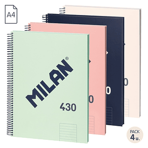 Milan 430 Since 1918 Pack de 4 Cuadernos A4 con Espiral - Papel a Lineas de 7mm - 80 Hojas de 95g - Tapa Dura - Colores Surtidos