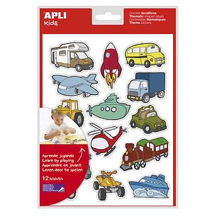Apli Gomets Tematicos Transportes - 180 Gomets en 12 Hojas - Adhesivo Removible - Ideal para Aprendizaje - Cumple Normas EN-71 y FSC - Adhesivo Base A