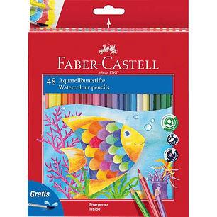 Faber-Castell Classic Colour Acuarelable Pack de 48 Lapices de Colores Hexagonales Acuarelables + Pincel - Resistencia a la Rotura - Colores Surtidos