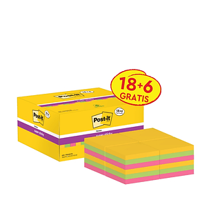 Post-It Super Sticky Pack de 24 Blocs de 90 Notas Adhesivas Reposicionables - 47.6x47.6mm - Promocion 18 Blocs + 6 Gratis - Colores Surtidos