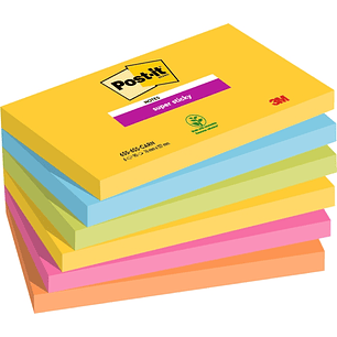 Post-It Super Sticky Pack de 6 Blocs de 90 Notas Adhesivas Reposicionables - Forma Rectangular - Colores Surtidos