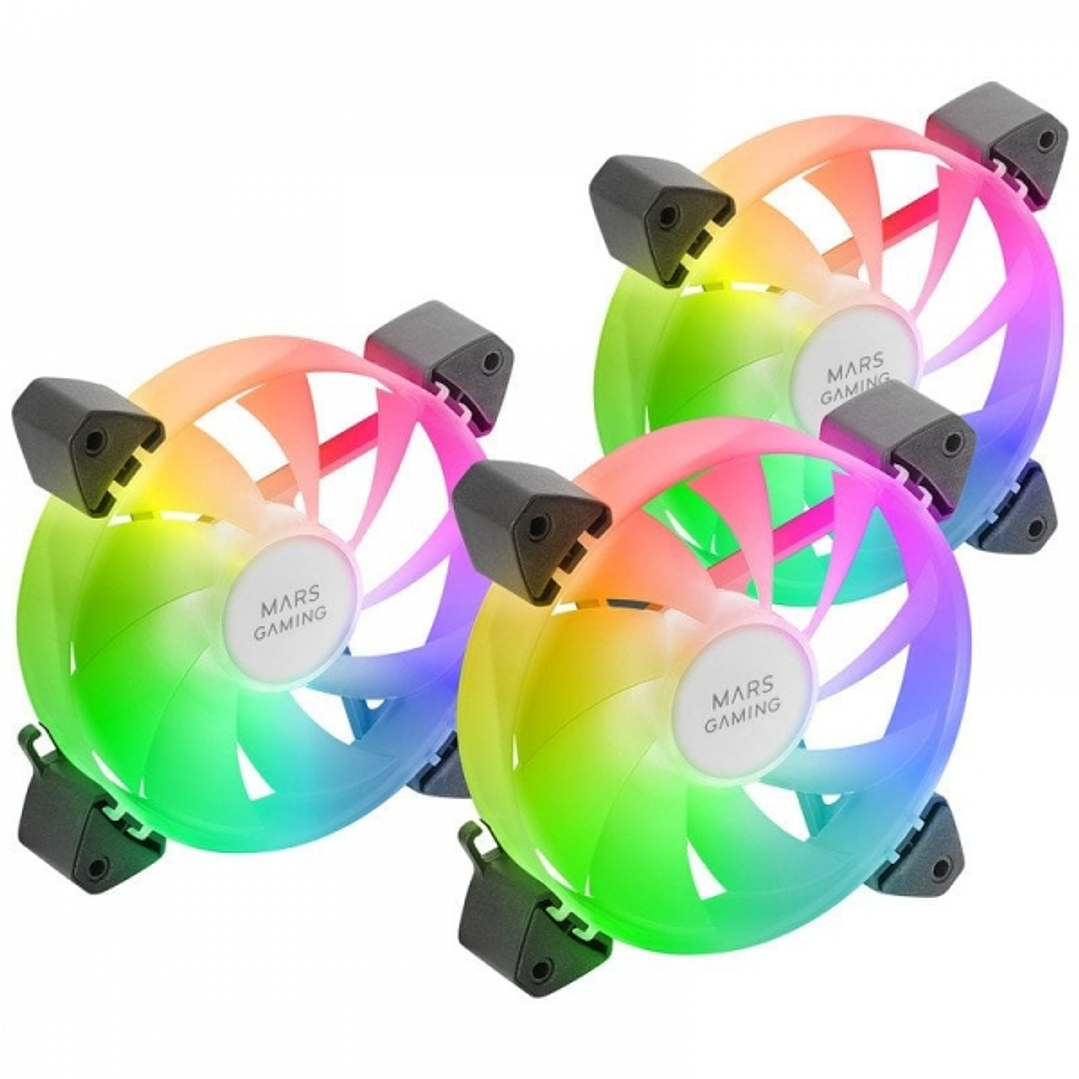 Mars Gaming MF-3A Kit de Ventiladores ARGB - Iluminacion 360º Sin Marco - Efectos ARGB Rainbow - Tecnologia FDB Ultrasilenciosa - Compatible ARGB 3pin 1