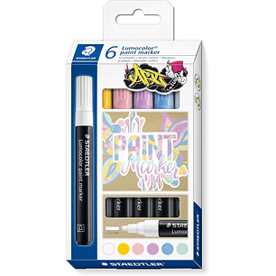 Staedtler Lumocolor 349 Pack con 6 Marcadores Acrilicos Permanentes - Trazo 2.4 mm aprox. - Tinta Base de Agua - Colores Pastel Surtidos