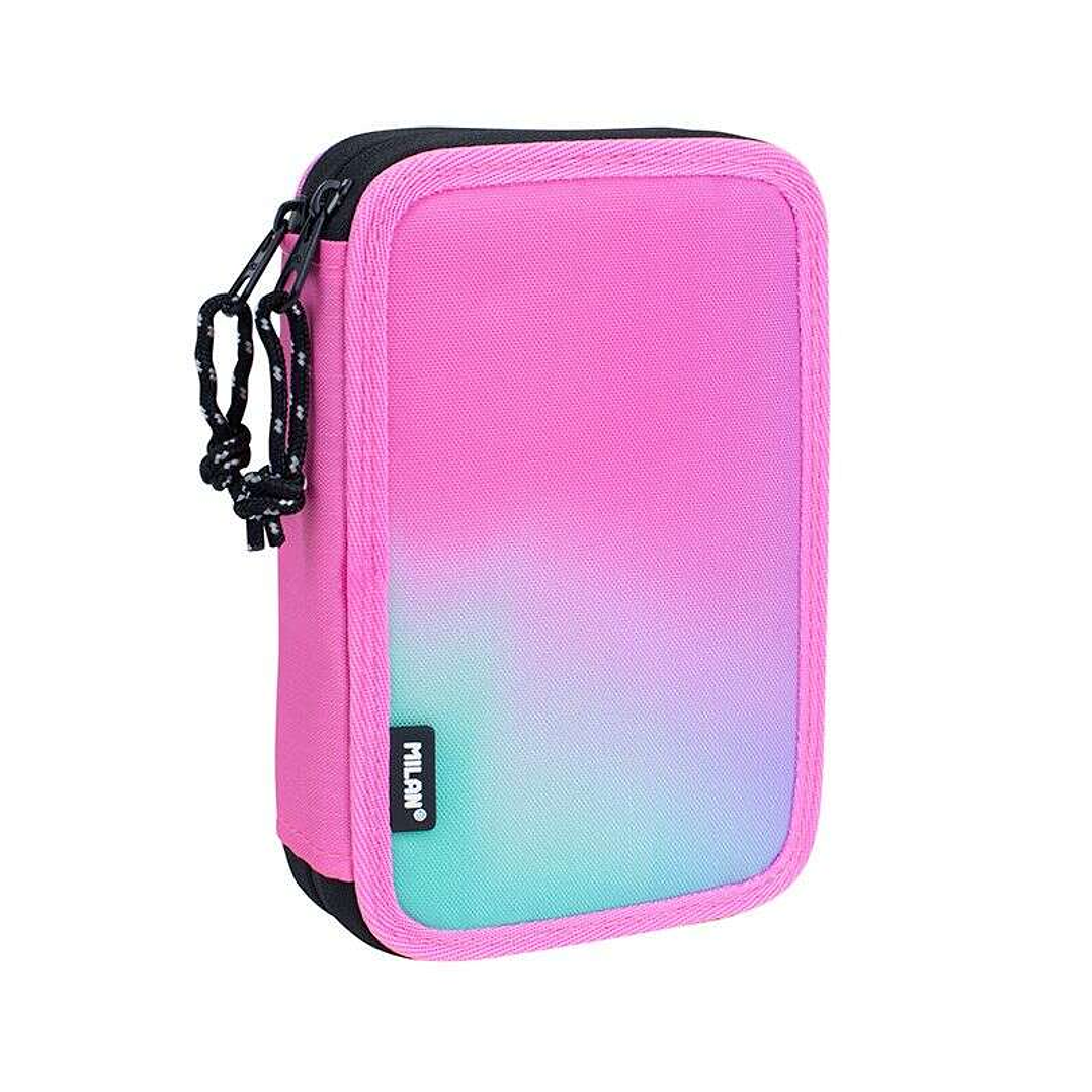 Milan Sunset Plumier de 2 Pisos con 2 Gomas de Borrar, Sacapuntas, Lapiz, Boligrafo Compact, Regla, 12 Lapices de Colores y 18 Rotuladores - Color Ros 1