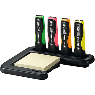 Stabilo Green Boss Set de Mesa de 4 Marcadores Fluorescentes 83% Plastico Reciclado + Bloc de Notas Adhesivas 100% Papel Reciclado - Set Fabricado 98%