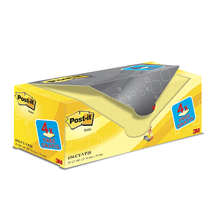 Post-It Pack de 20 Blocs de 100 Notas Adhesivas Reposicionables - Forma Cuadrada - 76x76mm - Color Amarillo Claro