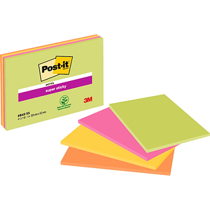 Post-It Super Sticky Pack de 4 Blocs de 45 Notas Adhesivas Reposicionables - Forma Rectangular - 152x203mm - Colores Surtidos