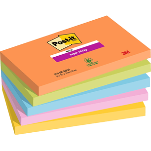 Post-It Super Sticky Pack de 5 Blocs de 90 Notas Adhesivas Reposicionables - Forma Rectangular - 127x76mm - Colores Surtidos