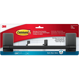 Command Toallero para Aseo - Soporta hasta 1.3kg - Incluye 4 Tiras Adhesivas - Resistente al Agua y Oxido - Color Negro