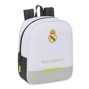 Safta Real Madrid Mochila Guarderia de 6L - Adaptable a Carro - Tarjeta de Identificacion Personal - Cierre de Cremallera - 22x27x10cm - Color Blanco 