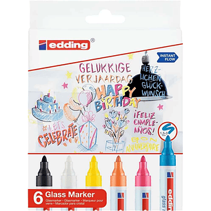 Edding 95 Pack de 6 Rotuladores para Cristal - Punta Redonda - Trazo 1.5-3mm - Colores Blanco, Amarillo, Negro, Naranja, Rosa y Azul