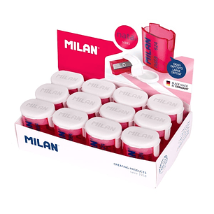 Milan Nata® 624 Expositor de 12 Sacapuntas con Deposito - Cuchilla de Acero - Color Blanco/Rosa