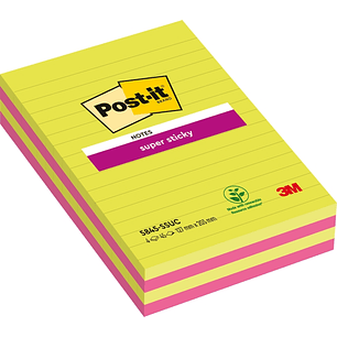 Post-It Super Sticky Pack de 4 Blocs de 45 Notas Grandes Adhesivas Reposicionables - con Lineas - 100% PEFC - Colores Surtidos
