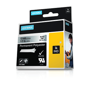 Dymo Rhino ID1-12 Cinta de Etiquetas Original para Rotuladora - Texto Negro sobre Fondo Plata - Ancho 12mm x 5.5 metros - 18486