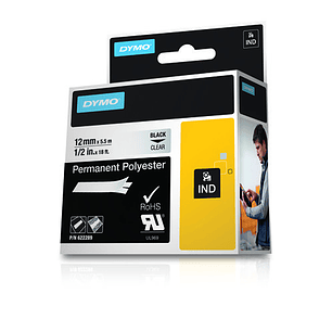 Dymo Rhino ID1-12 Cinta de Etiquetas Original para Rotuladora - Texto Negro sobre Fondo Transparente - Ancho 12mm x 5.5 metros - 622289