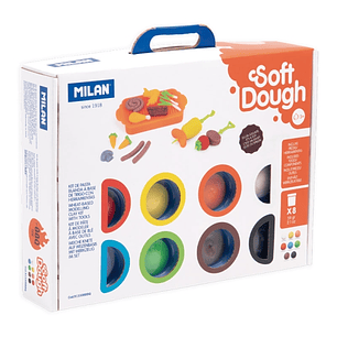 Milan Soft Dough Pack de 8 Botes de Pasta Blanda - Maletin con Herramientas - 59g por Unidad - 100% Vegetal - Moldeable - Sin Residuos - Colores Mezcl