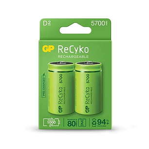 GP ReCyko Pack de 2 Pilas Recargables 5700mAh D 1.2V - Precargadas - Ciclo de Vida: Hasta 1000 Veces