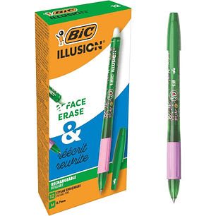 Bic Illusions Boligrafo Borrable - Punta Media de 0.7mm - Grip de Goma - Recargable - Color Verde