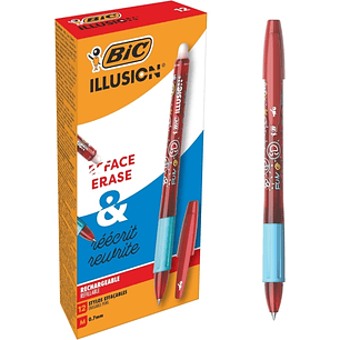 Bic Illusions Boligrafo Borrable - Punta Media de 0.7mm - Grip de Goma - Recargable - Color Rojo