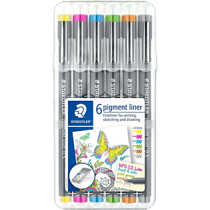 Staedtler Pigment Liner 308 Pack de 6 Rotuladores Calibrados - Trazo 0.5mm - Secado Rapido - Colores Surtidos