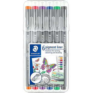 Staedtler Pigment Liner 308 Pack de 6 Rotuladores Calibrados - Trazo 0.5mm - Secado Rapido - Colores Surtidos