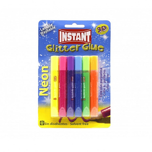 Instant Glitter Glue Neon Pack de 6 Tubos de Pegamento con Purpurina 10.5ml - Para Distintas Superficies - Sin Disolventes - Colores Neon Surtidos