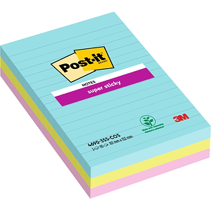 Post-It Super Sticky Pack de 3 Blocs de 90 Notas Adhesivas Reposicionables - Forma Rectangular - 101x152mm - Colores Surtidos