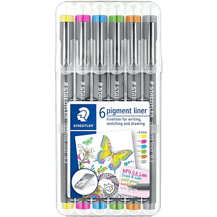 Staedtler Pigment Liner 308 Pack de 6 Rotuladores Calibrados - Trazo 0.3mm - Secado Rapido - Colores Surtidos