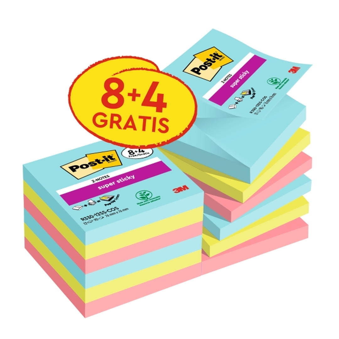Post-It Super Sticky Pack de 12 Blocs de 90 Z-Notas Adhesivas Reposicionables - Coleccion Cosmic - 76x76 mm - Promocion 8 Blocs + 4 Gratis - Colores S 1