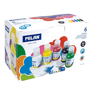 Milan Pack de 6 Botellas de Tempera - 125ml por Unidad - Incluye Pincel - Mezclable - Secado Rapido - Colores Surtidos