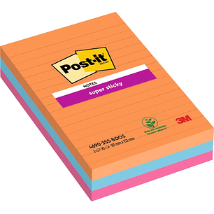 Post-It Super Sticky Pack de 3 Blocs de 90 Notas Adhesivas Reposicionables - Forma Rectangular - 101x101mm - Colores Surtidos