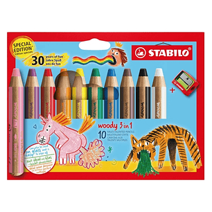 Stabilo Woody 3 en 1 30º Aniversario Unicornio y Tigre Pack de 10 Lapices de Colores + Sacapuntas - Lapiz de Color, Cera y Acuarela, Todo en Uno - Min