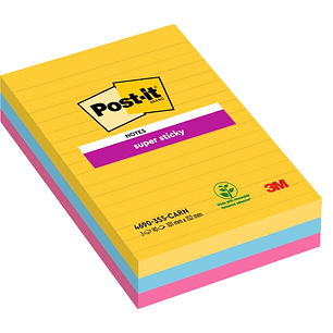 Post-It Super Sticky Pack de 3 Blocs de 90 Notas Adhesivas Reposicionables - Forma Rectangular - 101x152mm - Colores Surtidos