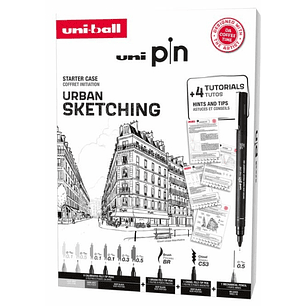 Uni-ball Uni Pin Urban Sketching Pack de 8 Rotuladores Calibrados 0.1, 0.3, 0.5, Brush y CS3 + 1 Portaminas Shalaku S + 4 Tutoriales + Consejos y Suge