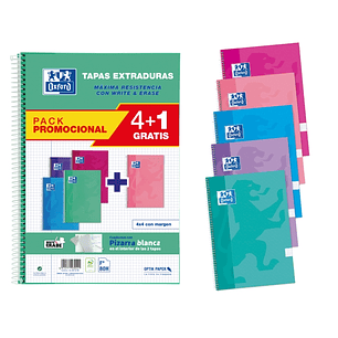 Oxford School Write&Erase Pack 4+1 de Cuaderno Espiral 80 Hojas Cuadricula 4x4 con Margen - Tapa Extradura - Colores Surtidos