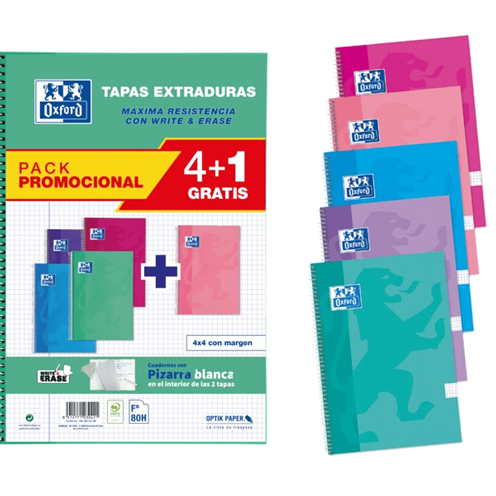Oxford School Write&Erase Pack 4+1 de Cuaderno Espiral 80 Hojas Cuadricula 4x4 con Margen - Tapa Extradura - Colores Surtidos 1