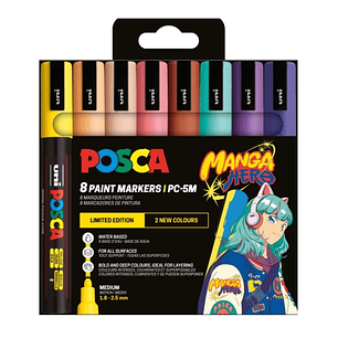 Posca Manga Hero Edicion Limitada PC-5M Pack con 8 Marcadores de Pintura - Punta de Bala 1.8-2.5mm - Tinta Base al Agua - Resistente a la Luz - No Per