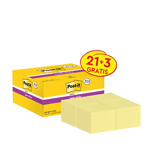 Post-It Super Sticky Pack de 24 Blocs de 90 Notas Adhesivas Reposicionables - 47.6x47.6mm - Promocion 21 Blocs + 3 Gratis - 100% PEFC - Color Amarillo