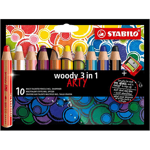 Stabilo Woody 3 en 1 Arty Pack de 10 Lapices de Colores + Sacapuntas - Lapiz de Color, Cera y Acuarela, Todo en Uno - Mina XXL 10mm - Colores Surtidos